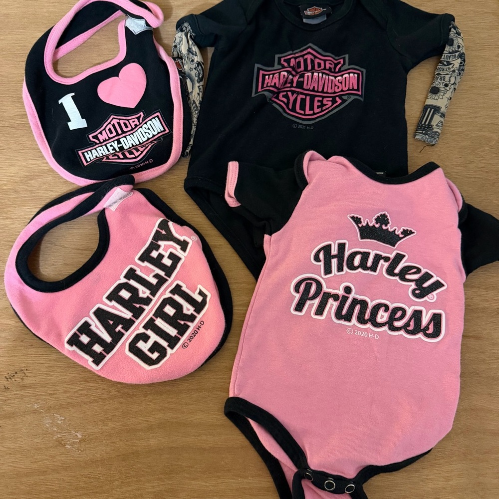 Harley-Davidson Motorcycles Pink Baby Girl Onesie & Bibs Lot Size 3-6 Mos